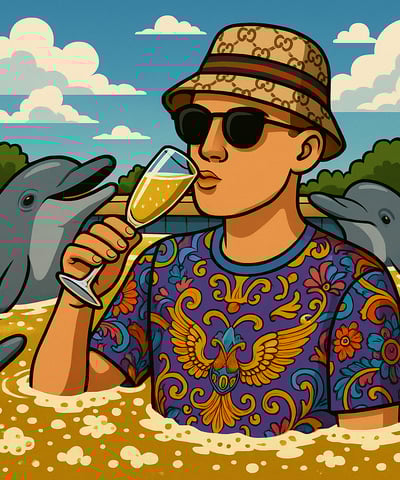 Hustensaft Jüngling, auch bekannt als Ole Finsterbusch, in ikonischem Outfit mit Sonnenbrille und Bucket Hat, inszeniert als