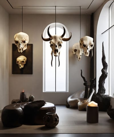 Cabeça de animal decorativa com pintura de caveira em um ambiente eclético
