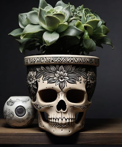 Vaso de flores com design de caveira em uma prateleira de plantas