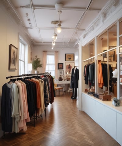 A vintage store interior displaying shelves packed with various bottles and boxes. Glass cabinets along the counters showcase neatly arranged products. A prominent clock sits above the shelves, and an empty chair is positioned in the middle of the floor. The store has a high ceiling with light coming in through skylights.