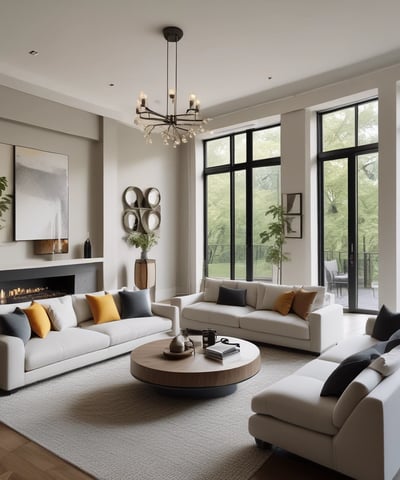 A two-story architectural design of a large house with detailed features, including multiple windows and garage doors. The building has a symmetrical, expansive layout with a central staircase leading to the main entrance. The design includes a pitched roof and appears to be in a draft or 3D rendered format, surrounded by a smooth, minimal background and partly cloudy sky.