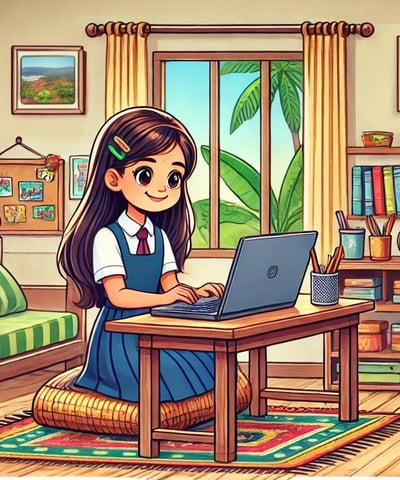 a girl sitting at a desk with a laptop