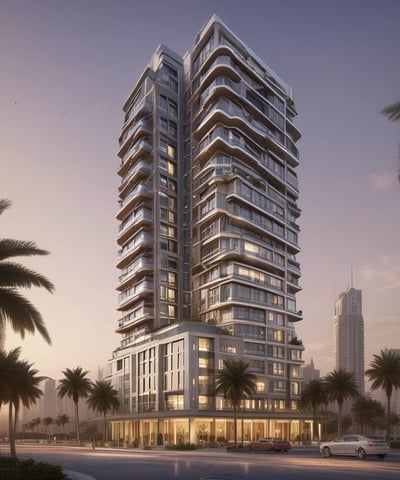 A modern multi-story building with numerous windows, featuring a central entrance labeled 'Leasing Office'. A pathway leads up to the entrance, bordered by manicured plants and palm trees. A zebra crossing stretches across the asphalt road in front of the building.