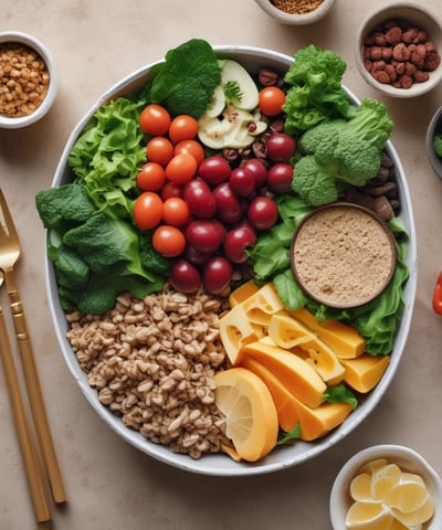 A person holding a meal in a black container featuring cooked cauliflower, broccoli, baby carrots, and slices of nut-crusted entrée. The background is a textured red surface with shadows, and the person appears shirtless, emphasizing a focus on fitness or healthy living.