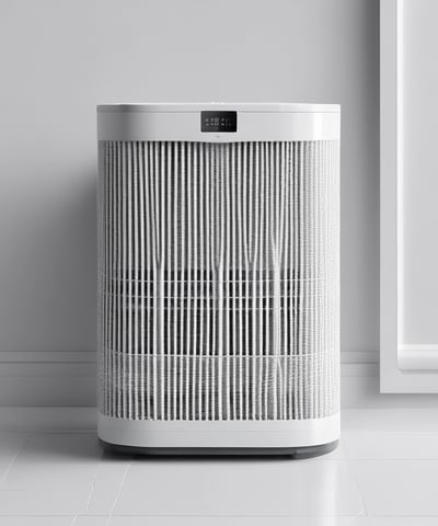 A rectangular air filter is held in a person's hand. The filter has visible white pleats and is encased in a black frame. It appears to be new or unused. The background includes a wooden floor and part of a device or machine.