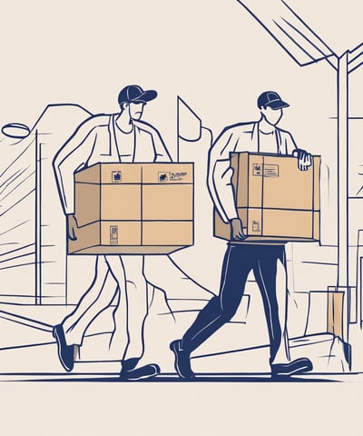 two men carrying boxes on a street