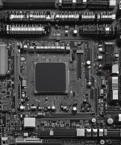 Various electronic components and metallic parts are scattered on a wooden surface, including circuit board pieces, screws, and circular metal rings.