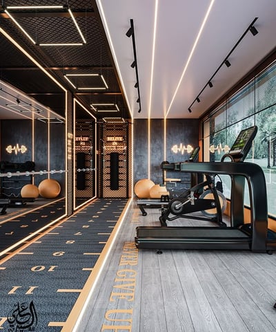 an elegant modern gym room with a treadmill and a fitness accessories