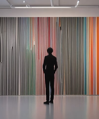 An art gallery with an open central courtyard is filled with various paintings displayed on easels and hanging on walls. The setting includes wooden beams and pillars, giving it a traditional aesthetic. Colorful artwork in different styles is prominently featured.