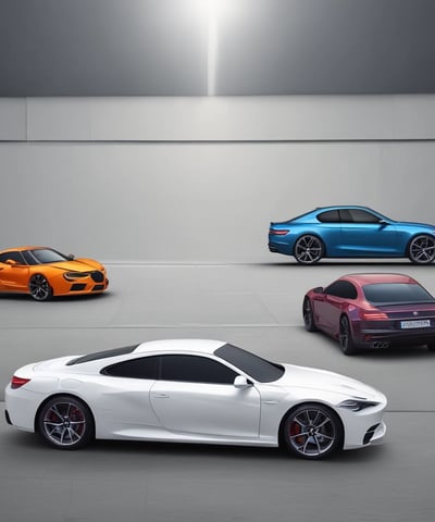 A spacious and organized automotive workshop featuring multiple hydraulic lifts arranged in a row. The walls are painted white with black and red accents. There is a red ceiling fan and a wall-mounted television. Various red tool cabinets and racks containing supplies are visible along the wall.