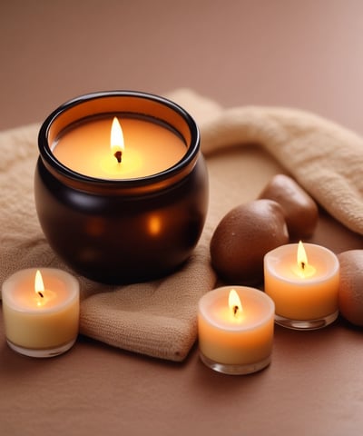 Several colorful candle tins are arranged on a soft, pink surface. The tins are labeled with 'peacock & lotus' and 'shakti,' indicating they are natural soy candles with lilac, lavender, and eucalyptus scents. Each tin has a prominent lid, and small decorative flowers are visible on the candle surfaces.