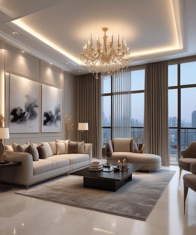 A luxurious multi-story residential building with a waterfront location, surrounded by palm trees and clear blue water. The architecture is elegant with arched windows and a light color palette.