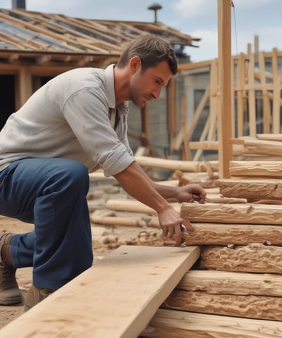 A person is engaged in woodworking, sitting cross-legged on the floor surrounded by wood shavings. They are carving a piece of wood using a chisel and a mallet. There are various tools and materials scattered around, including a knife and a block of wood.