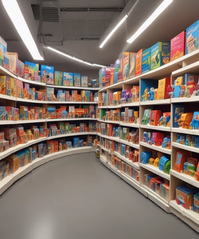 A well-stocked shop shelf filled with various beauty and wellness products, including bottles, boxes, and jars. The shelves are neatly organized with different color-coded sections containing skincare bottles, soaps, and colorful packaging. The lighting is warm and inviting.