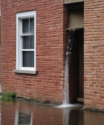 A water pipe is mounted on a wall, with a leak spraying water out in a narrow stream. The wall has some visible stains and damage, and there is a red object leaning against the wall.