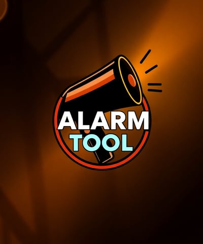 Logo des 'Alarm Tool' mit einer stilisierten schwarzen Megaphon-Illustration,