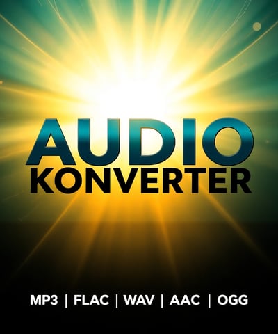 Logo mit der Aufschrift 'Audio Konverter' in tiefem Türkis vor einem leuchtenden Hintergrund
