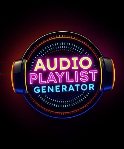 Leuchtendes Logo mit der Aufschrift 'Audio Playlist Generator' in Neonfarben. Das Design ist rund,