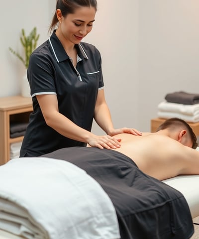 Una fisioterapeuta llevando a cabo una sesión de terapia manual en la espalda de un paciente.