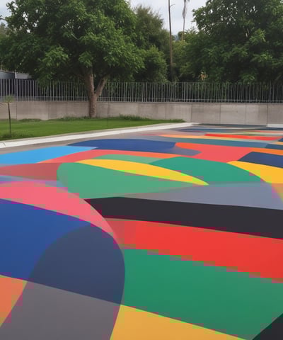 A playground area with a colorful rubberized floor, featuring a wooden swing set in the center. A child is seated on the swing. A small slide is positioned to the left. The background includes neatly trimmed bushes, trees, and a row of apartment buildings.