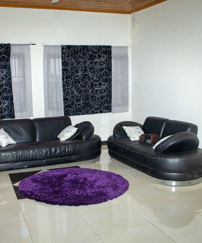 a living room with a couch and a rug