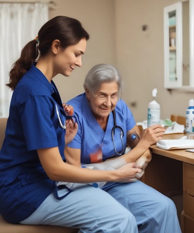 An elderly man sits on a chair beside a bed, holding the hand of a person lying down. The setting is a simple room with plain walls and a window. An intravenous drip is visible, indicating a healthcare environment.
