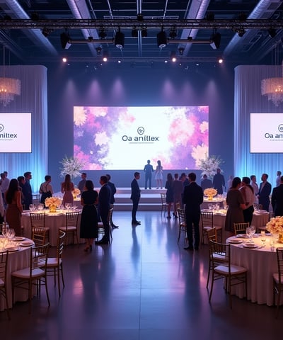 Luxury corporate event setup in Miami featuring branded LED stage, elegant tables with gold Chiavari chairs, minimalist flora