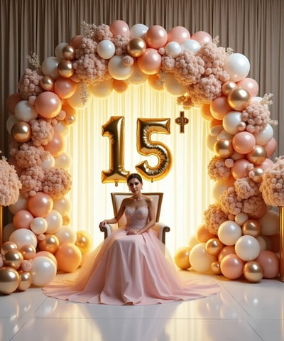 Luxury Quinceañera setup in Miami featuring floral arches, gold '15' numbers, metallic balloon garlands, and elegant throne c