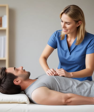 Hands performing a massage on a person's back, applying pressure to specific points. The setting is bright and calming, with soft focus creating a tranquil atmosphere.