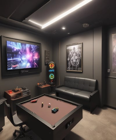 A row of gaming stations equipped with large monitors, gaming chairs, keyboards, and headphones. The setup is organized and ready for gaming, featuring a colorful screen display. The room has a modern and tech-savvy ambiance.