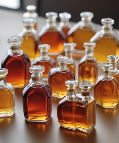 Multiple bottles of fragrance oil are neatly arranged on wooden shelves. The bottles vary in size and have labels with text both in English and another language. The lighting is warm, highlighting the sleek, dark-colored containers.