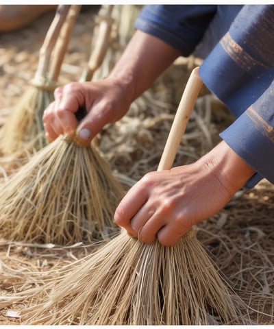 Hands are carefully weaving or handling green and brown long leaves or strands, possibly of a plant, against a bright backdrop. The focus is on the intricate activity between the hands, emphasizing detail in the natural elements and the human touch.