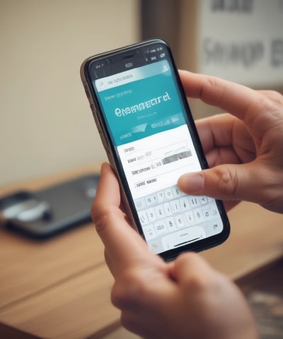 A hand holds a black digital smartwatch displaying the time as 03:04 PM. The watch has a fabric strap. In the background, a keyboard with yellow keys and a potted plant can be seen on a wooden desk.