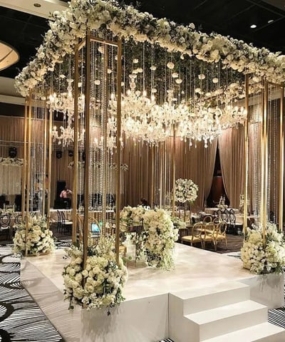 Luxury wedding hall decor with chandeliers and floral centerpieces by Amika Weddings in Pune.