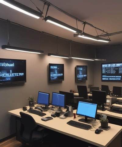 A dimly lit room features a prominent illuminated sign displaying the words 'Sysco LABS.' Below the sign are office desks with various electronic devices, including laptops and cables. The lighting creates a cool and professional atmosphere.