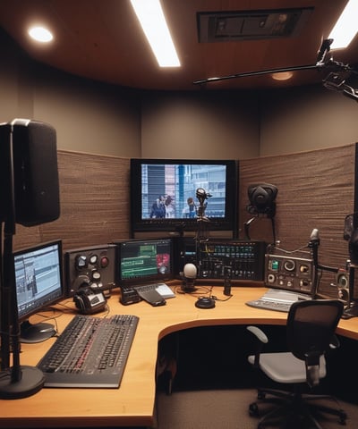 A dimly lit sound studio with an audio mixing console, a computer screen displaying audio tracks, and a speaker in the background. The scene has a warm, focused ambiance with a person partially visible, likely working on audio production.