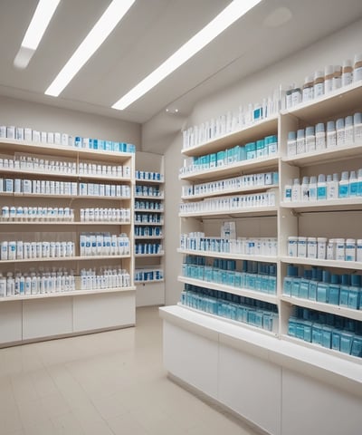 Rows of shelves filled with various colorful bottles and tubes, including creams and sprays. The products are neatly arranged in an orderly display, showcasing different brands and types, each with distinctive colored labels and caps.