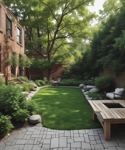 A garden landscape featuring various trees and shrubs, with a residential area in the background. Several houses with red-tiled roofs are visible, along with a large green space, well-tended gardens, and a variety of trees and plants.