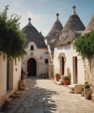 A narrow cobblestone street flanked by tall, closely packed buildings with beige and brown facades. The buildings have wooden window shutters and metal grilles. A sign is visible, indicating property for rent, and a person stands in the street looking at a phone.