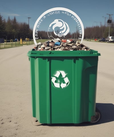 A green business waste bin is positioned against a brick wall. The bin is branded with a logo and contact information for a waste management company.