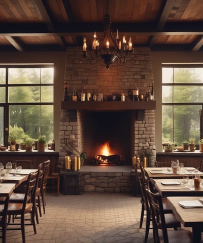 A spacious, elegantly decorated dining area with round tables covered with white cloths, surrounded by white chairs. The ceiling features large circular light fixtures and hanging red and gold ornaments. Large windows provide ample natural light, enhancing the modern and festive atmosphere.