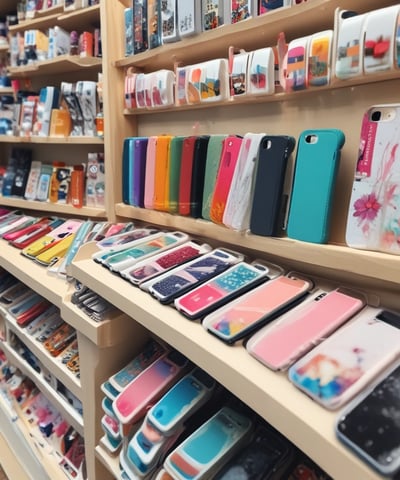 A person stands in front of a mobile street vendor cart displaying various smartphone cases. The cart is parked on a cobblestone street, and the cases are organized neatly in rows. Signs on the cart suggest the sale includes screen protectors with installation services. The background shows a building, steps, and a storefront.