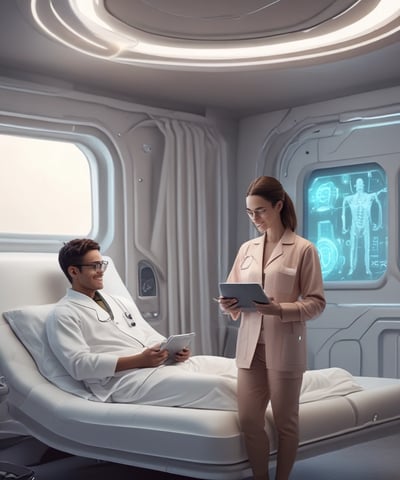 Un médecin avec une tablette à la main regarde un patient dans une chambre d'hopital futuriste