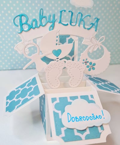 Handmade new baby pop up card made with Sizzix to welcome newborn baby boy