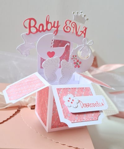 Handmade new baby pop up card made with Sizzix to welcome newborn baby girl
