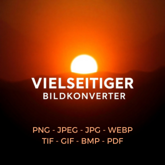 Werbegrafik für einen vielseitigen Bildkonverter mit einem Sonnenuntergang im Hintergrund. 