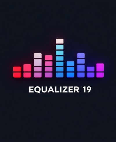 Digitales Design eines Equalizers mit leuchtenden Balken in Rot, Blau, Violett und Weiß 