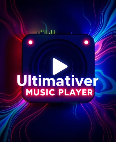 Farbenfrohes Design mit einem quadratischen Musikplayer-Logo, einem zentralen weißen Play-Button 