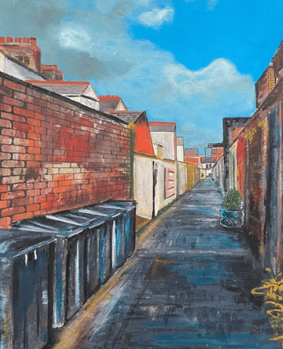 A painting of an alleyway in Belfast, red brick, wheelie bins and weeds