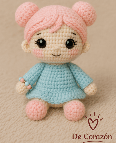 una muñeca de crochet doll with a pink dress